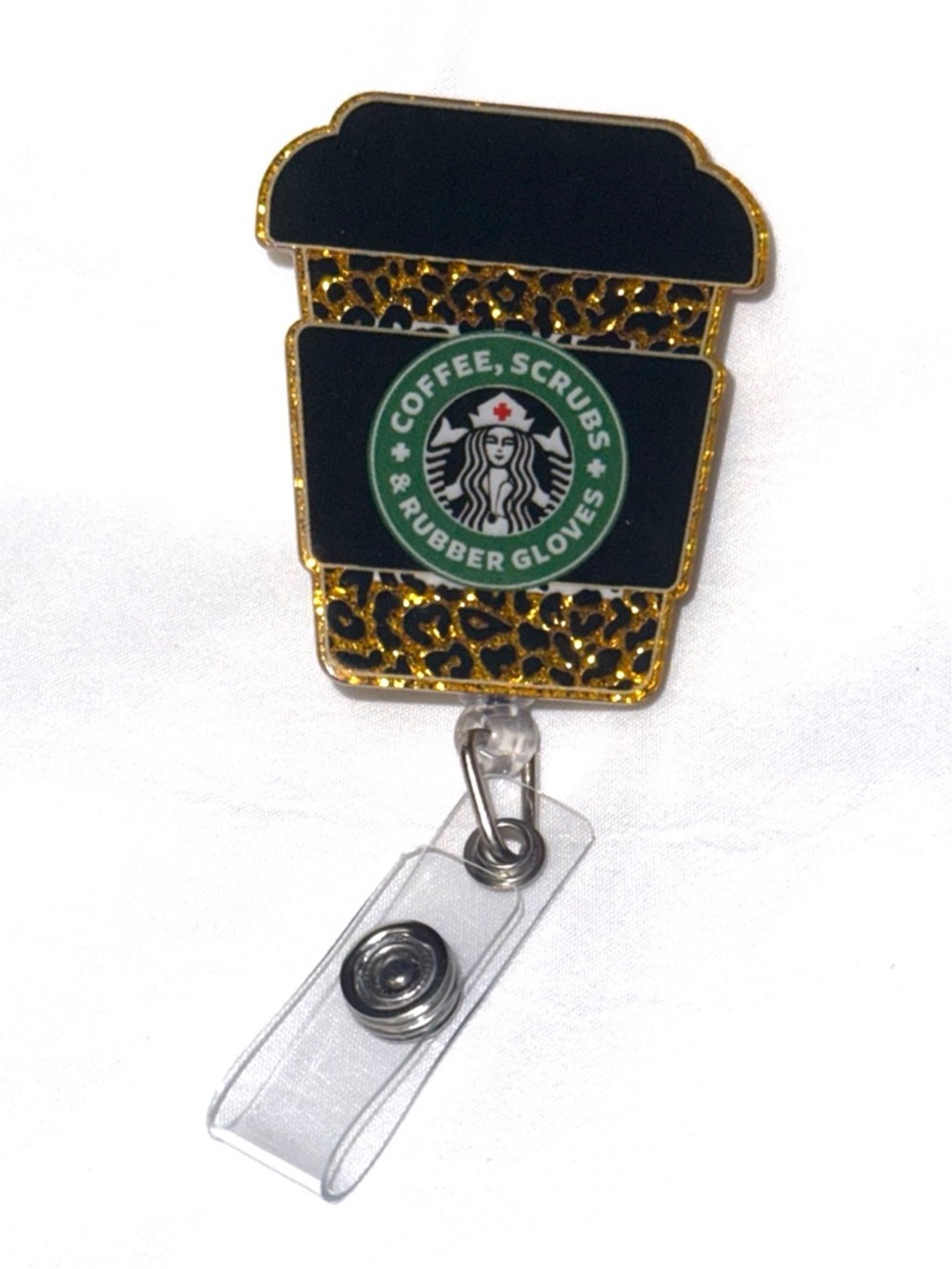 Coffee Cup Badge Reel with Black & Gold Leopard Accent - Unbranded